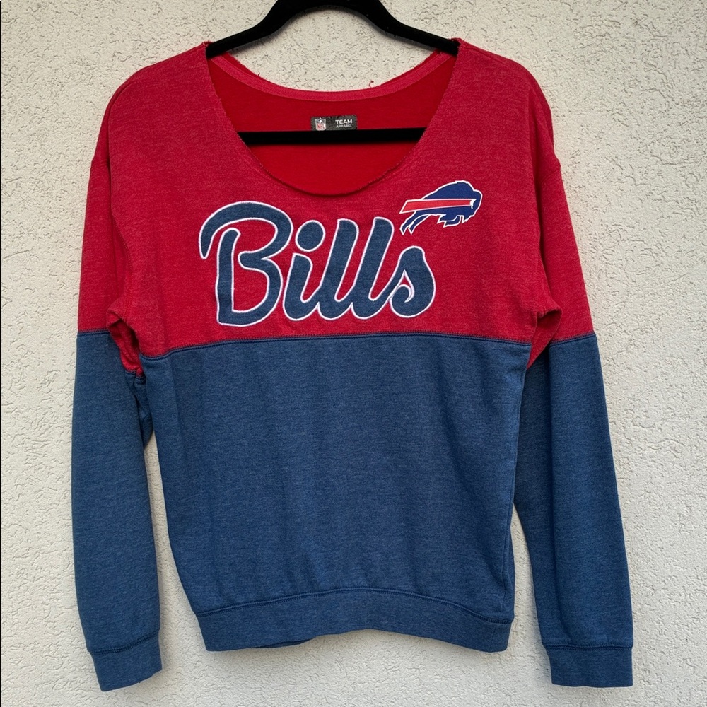 NFL Team Apparel Red and Blue Bills Sweatshirt with raw hem neckline